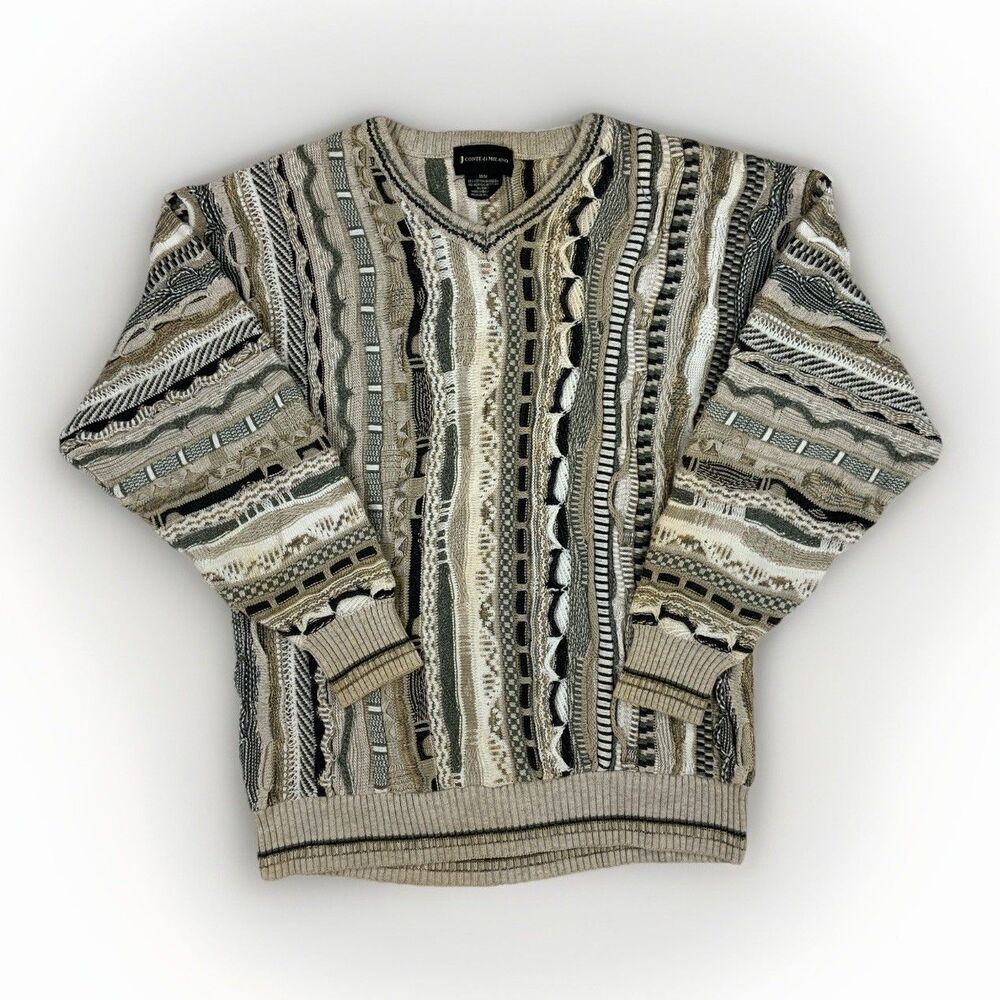 Vintage 3D Knit Sweater Mens Medium Neutral V Neck Coogi Style Conte Di Milano